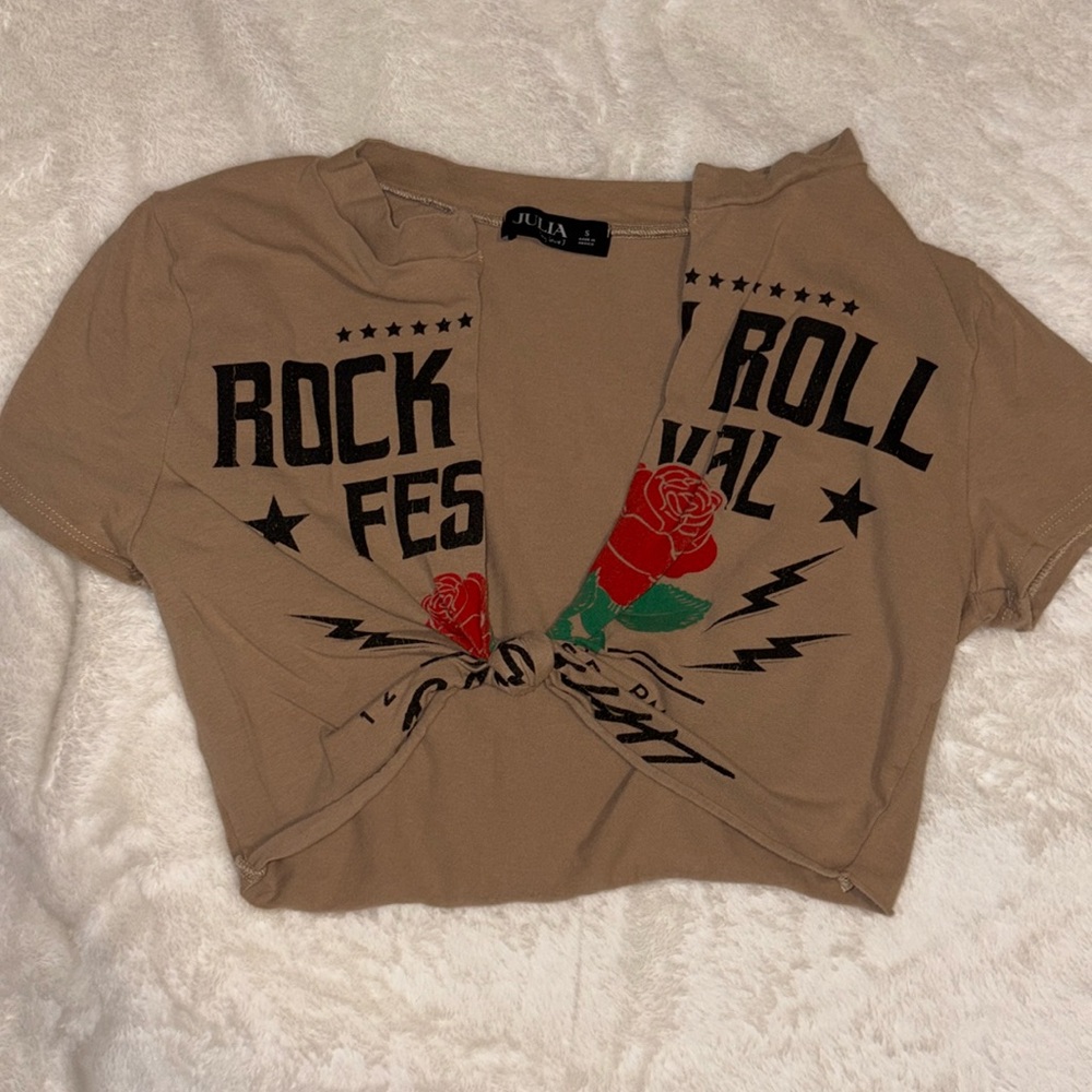 Tan Front Tie Rock and Roll Crop Top 🎸🤘